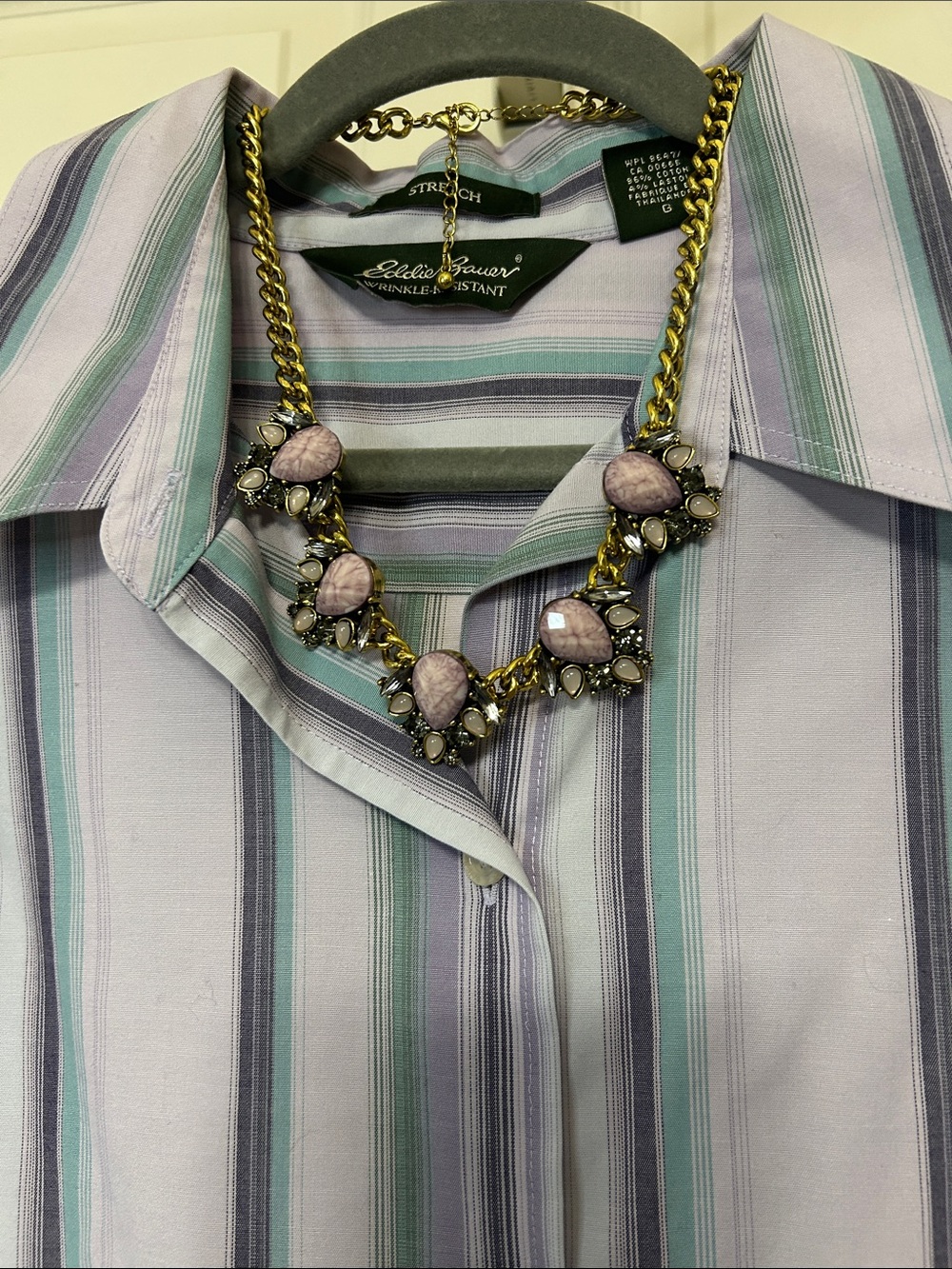 Eddie Bauer Cotton Lavender and Light Teal Button-Down Lg Top and Lilac Necklace